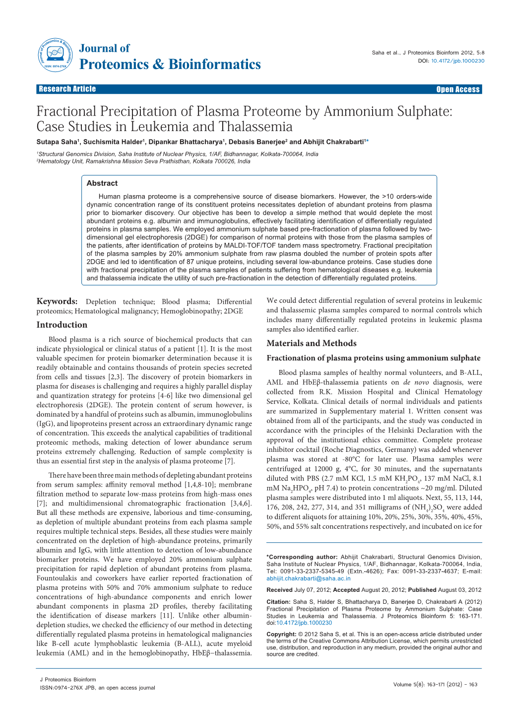 Fractional Precipitation of Plasma Proteome by Ammonium Sulphate