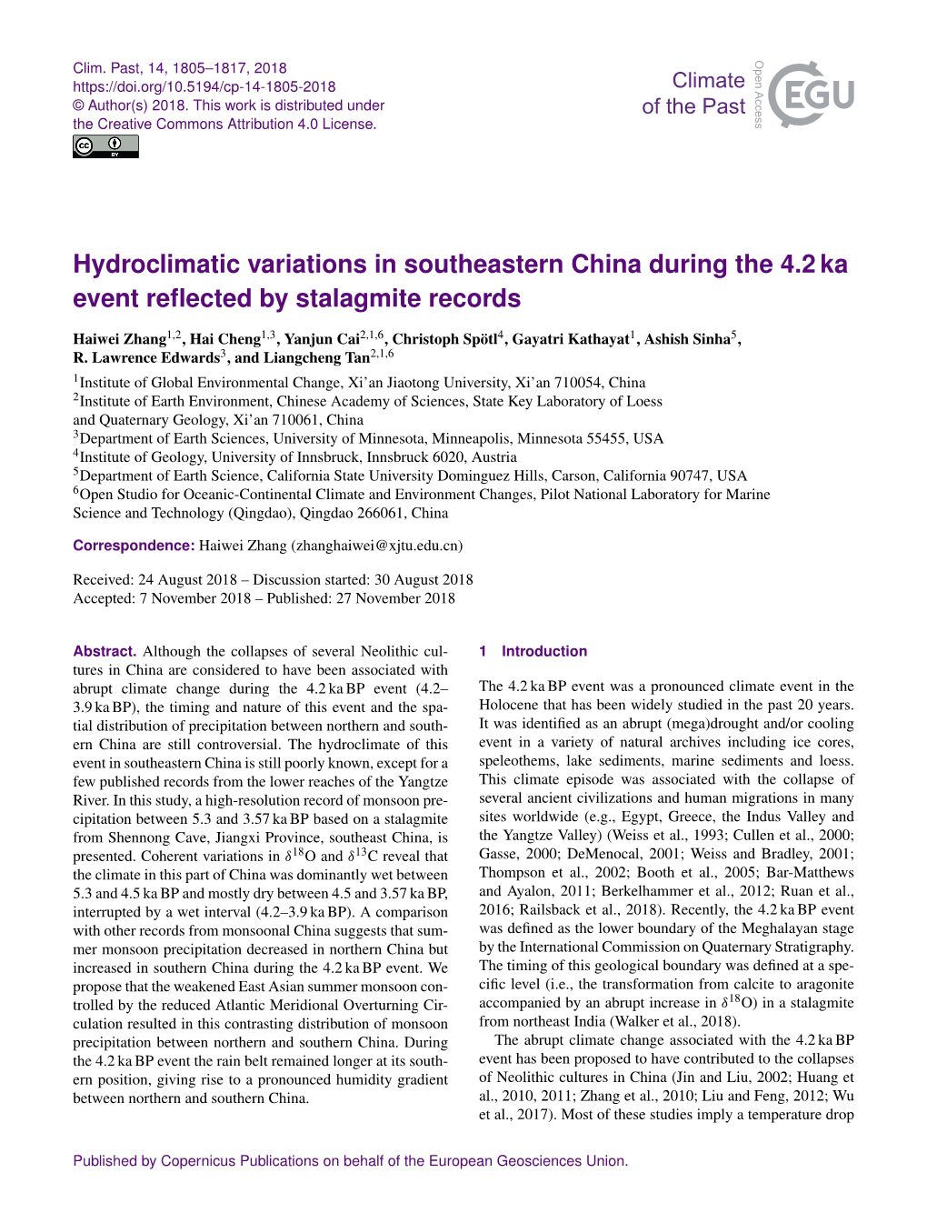 Hydroclimatic Variations in Southeastern China During the 4.2 Ka Event Reﬂected by Stalagmite Records