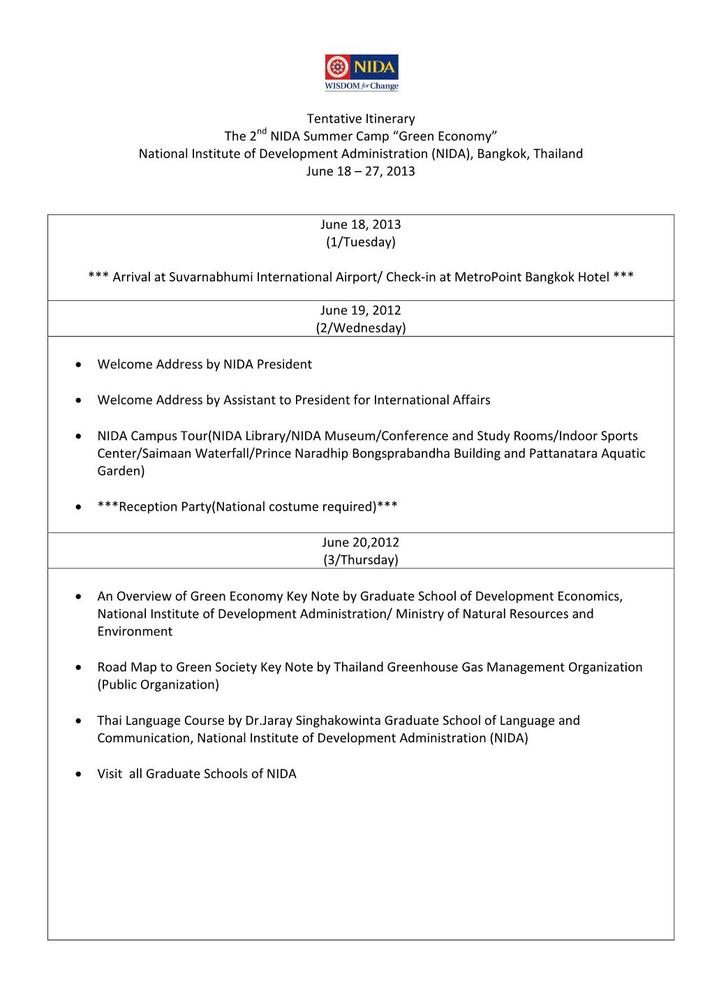 Tentative Itinerary the 2Nd NIDA Summer Camp “Green Economy” National Institute of Development Administration (NIDA), Bangkok, Thailand June 18 – 27, 2013