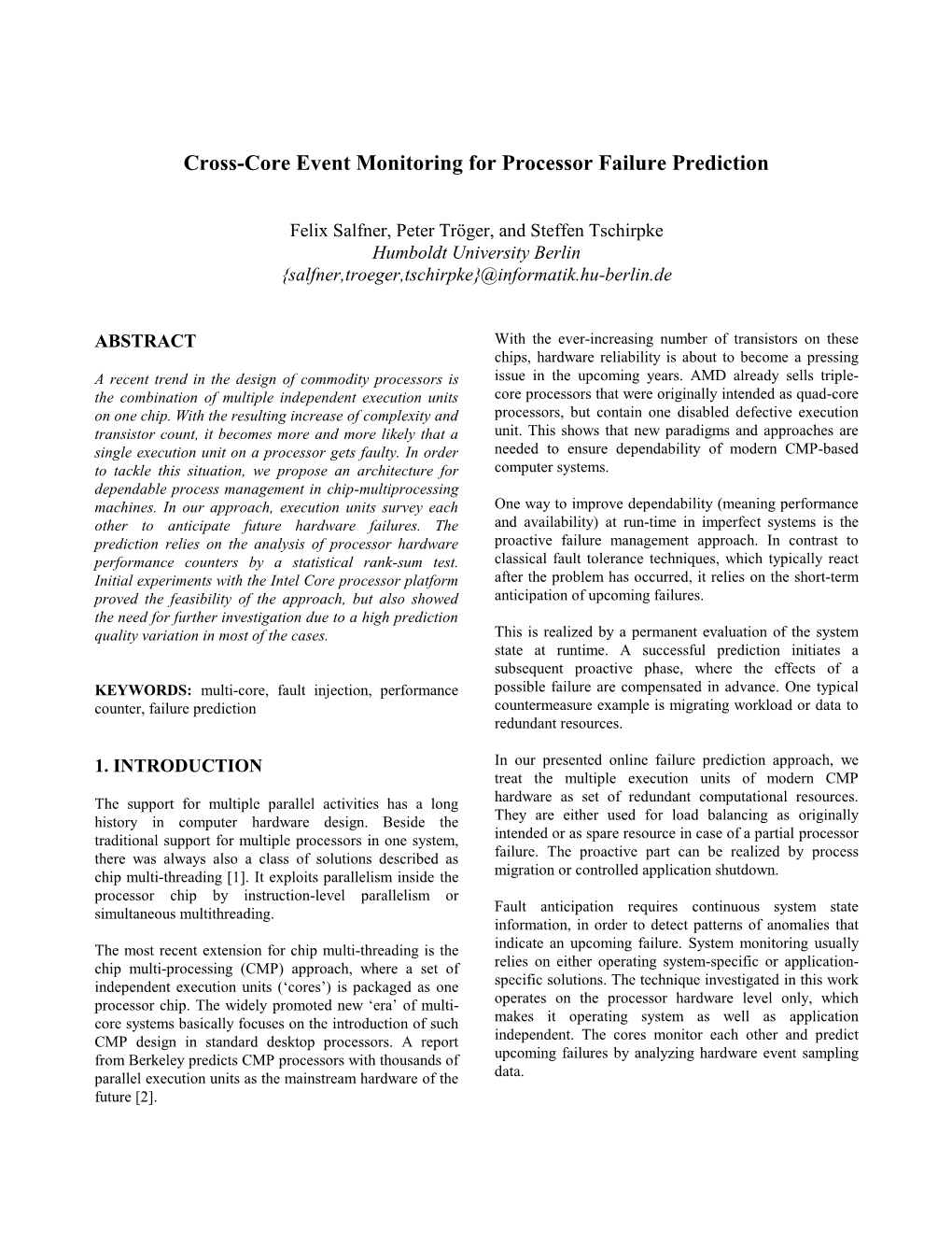 Cross-Core Event Monitoring for Processor Failure Prediction