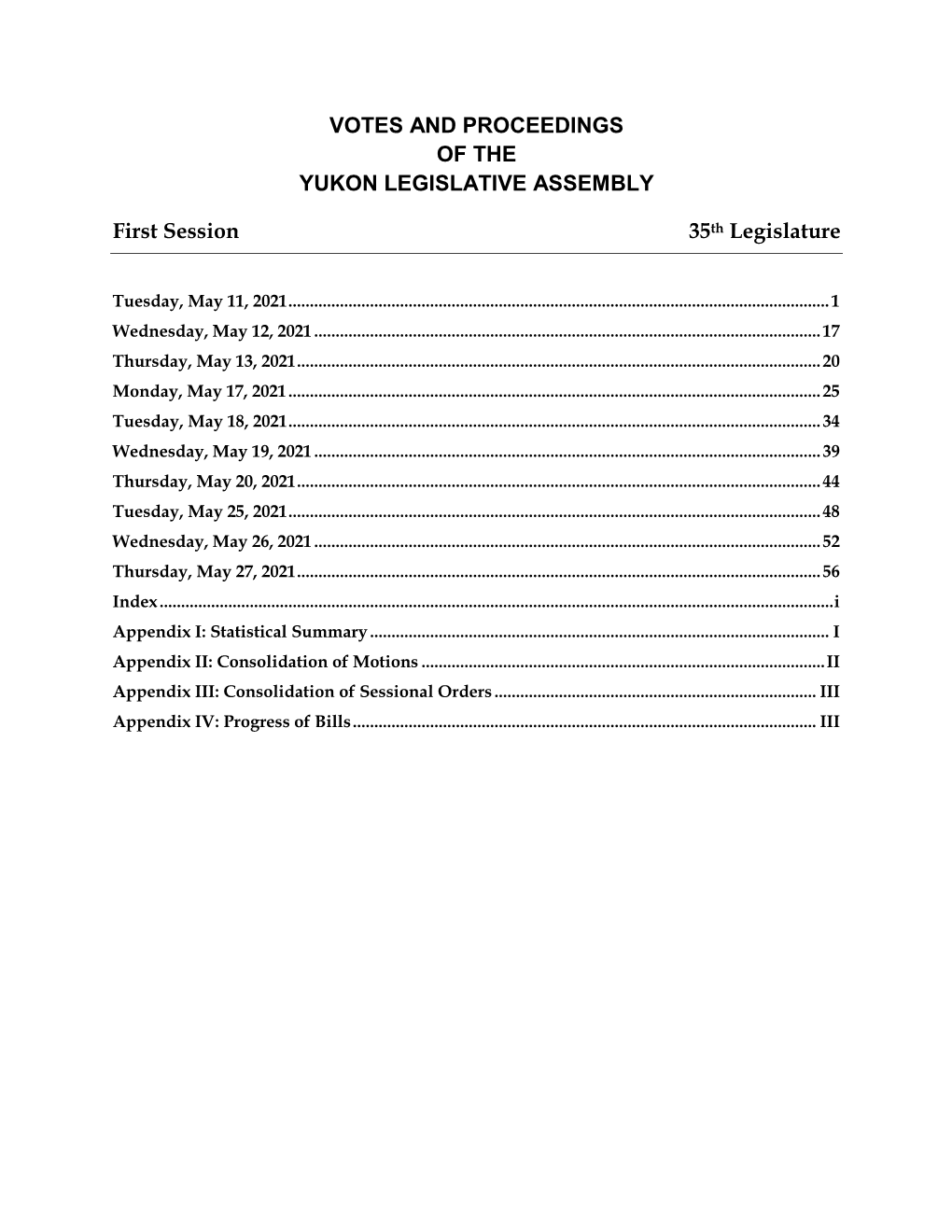 Votes and Proceedings of the Yukon Legislative Assembly