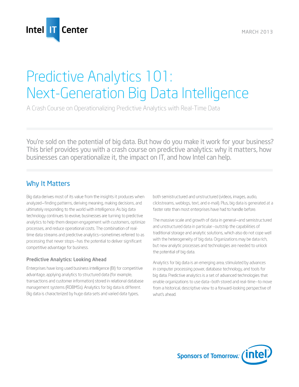 Predictive Analytics 101: Next-Generation Big Data Intelligence a Crash Course on Operationalizing Predictive Analytics with Real-Time Data