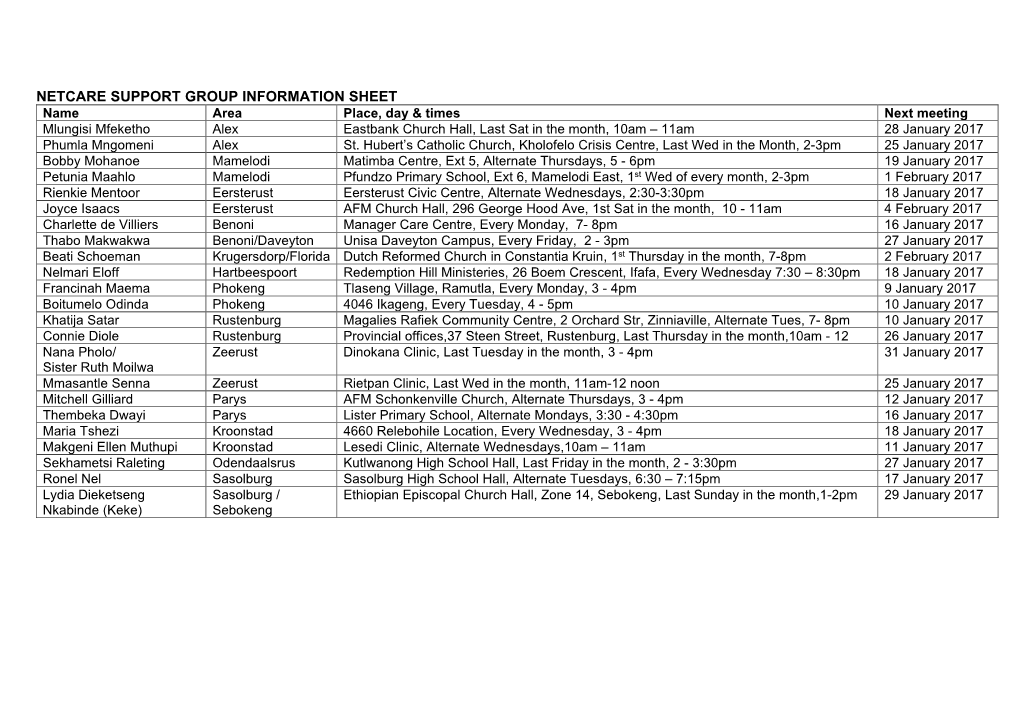 Netcare Support Group Information Sheet