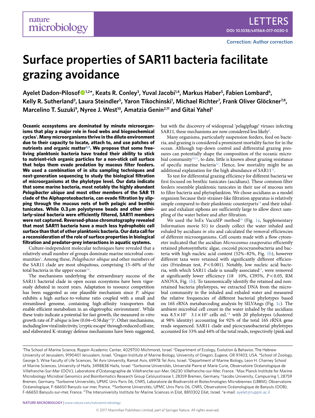 Surface Properties of SAR11 Bacteria Facilitate Grazing Avoidance