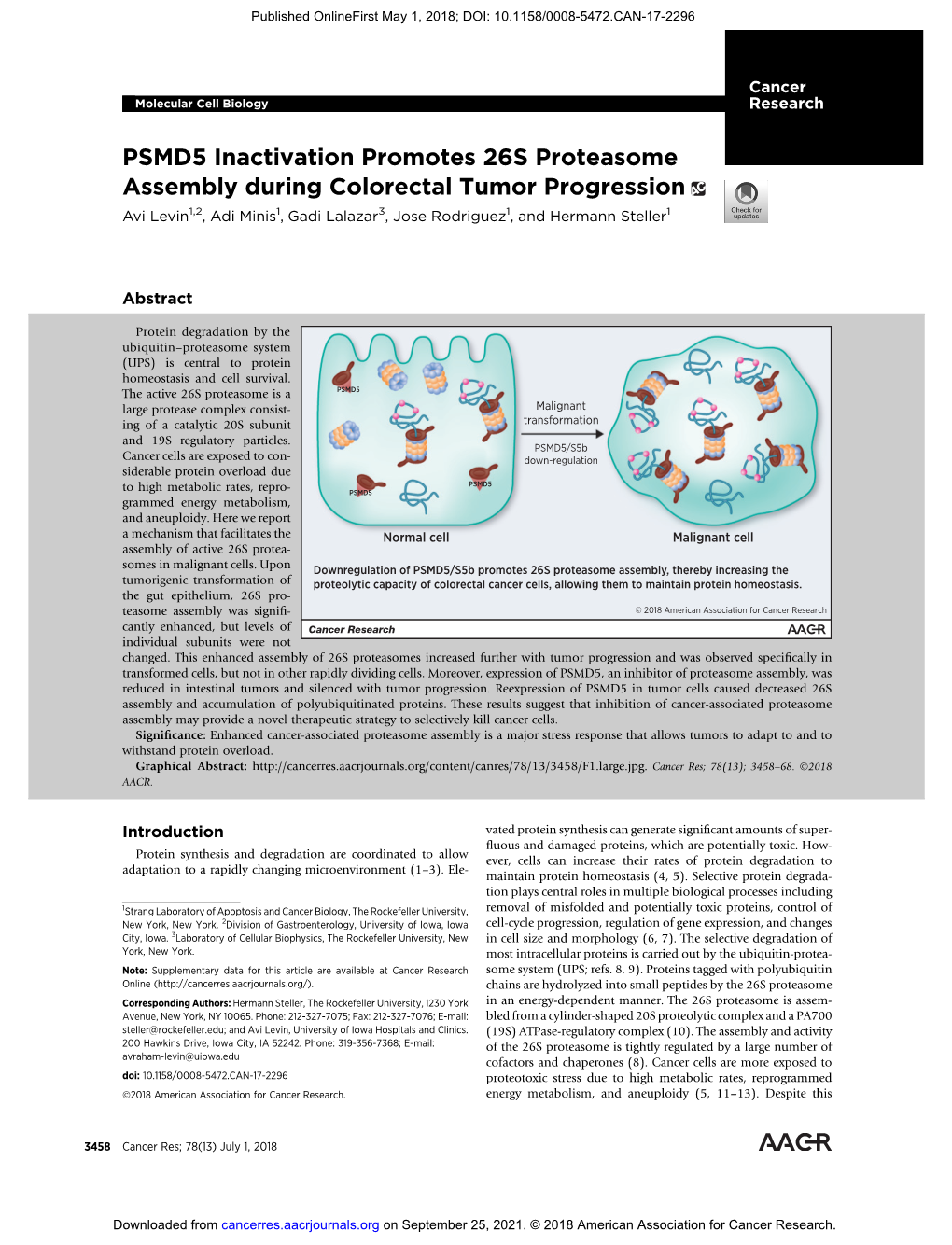 PSMD5 Inactivation Promotes 26S Proteasome Assembly During Colorectal Tumor Progression Avi Levin1,2, Adi Minis1, Gadi Lalazar3, Jose Rodriguez1, and Hermann Steller1