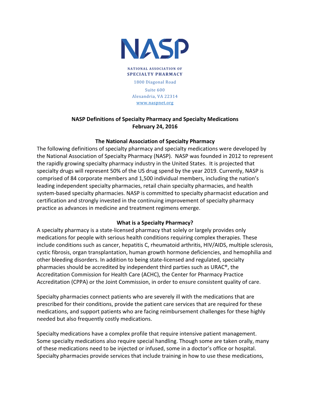 NASP Definitions of Specialty Pharmacy and Specialty Medications February 24, 2016