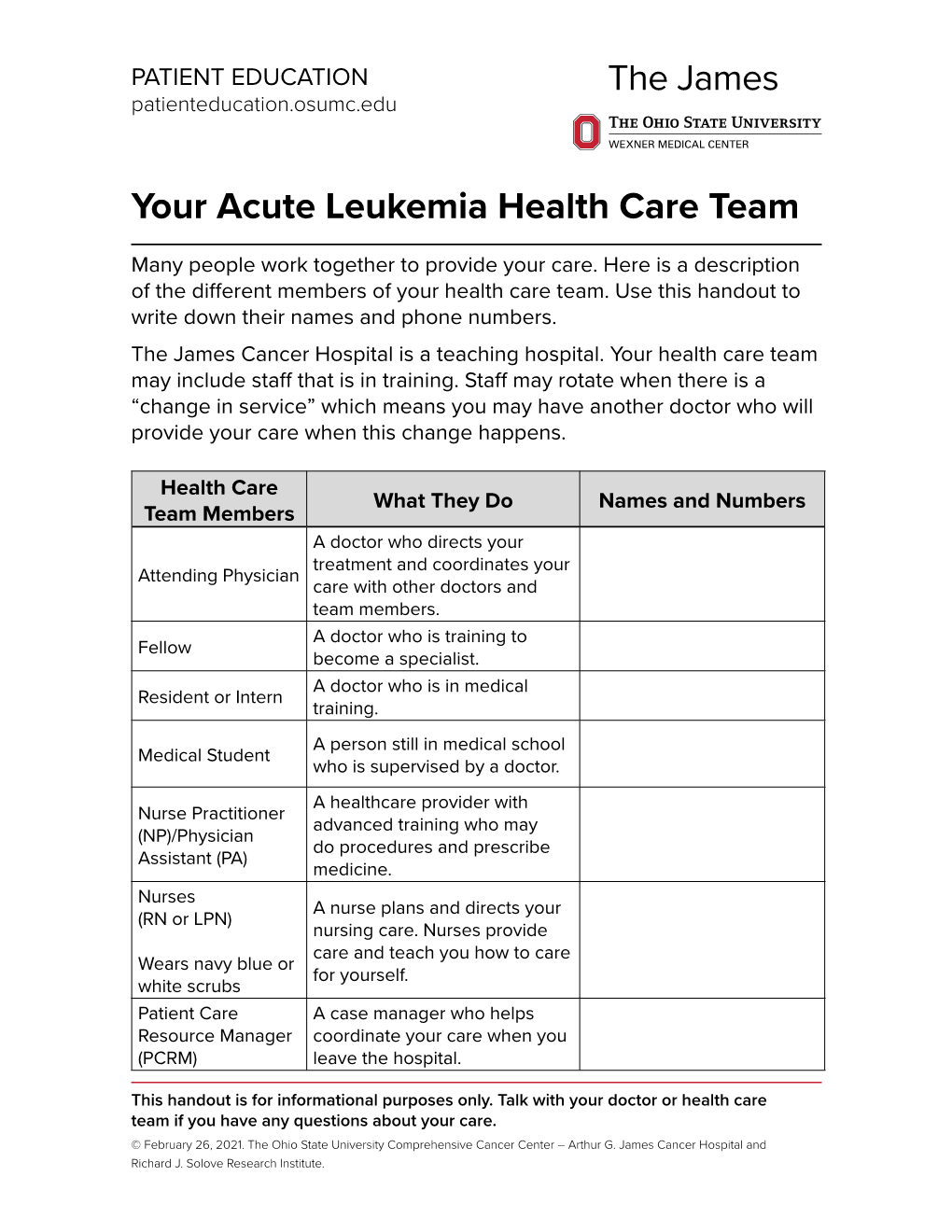 Your Acute Leukemia Health Care Team