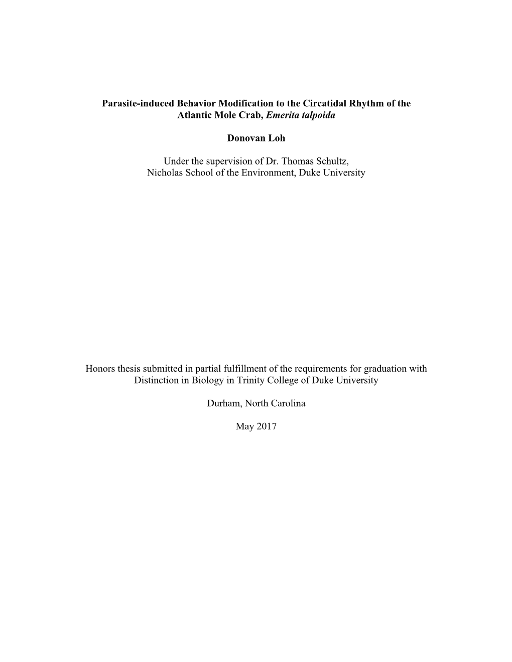 Parasite-Induced Behavior Modification to the Circatidal Rhythm of the Atlantic Mole Crab, Emerita Talpoida