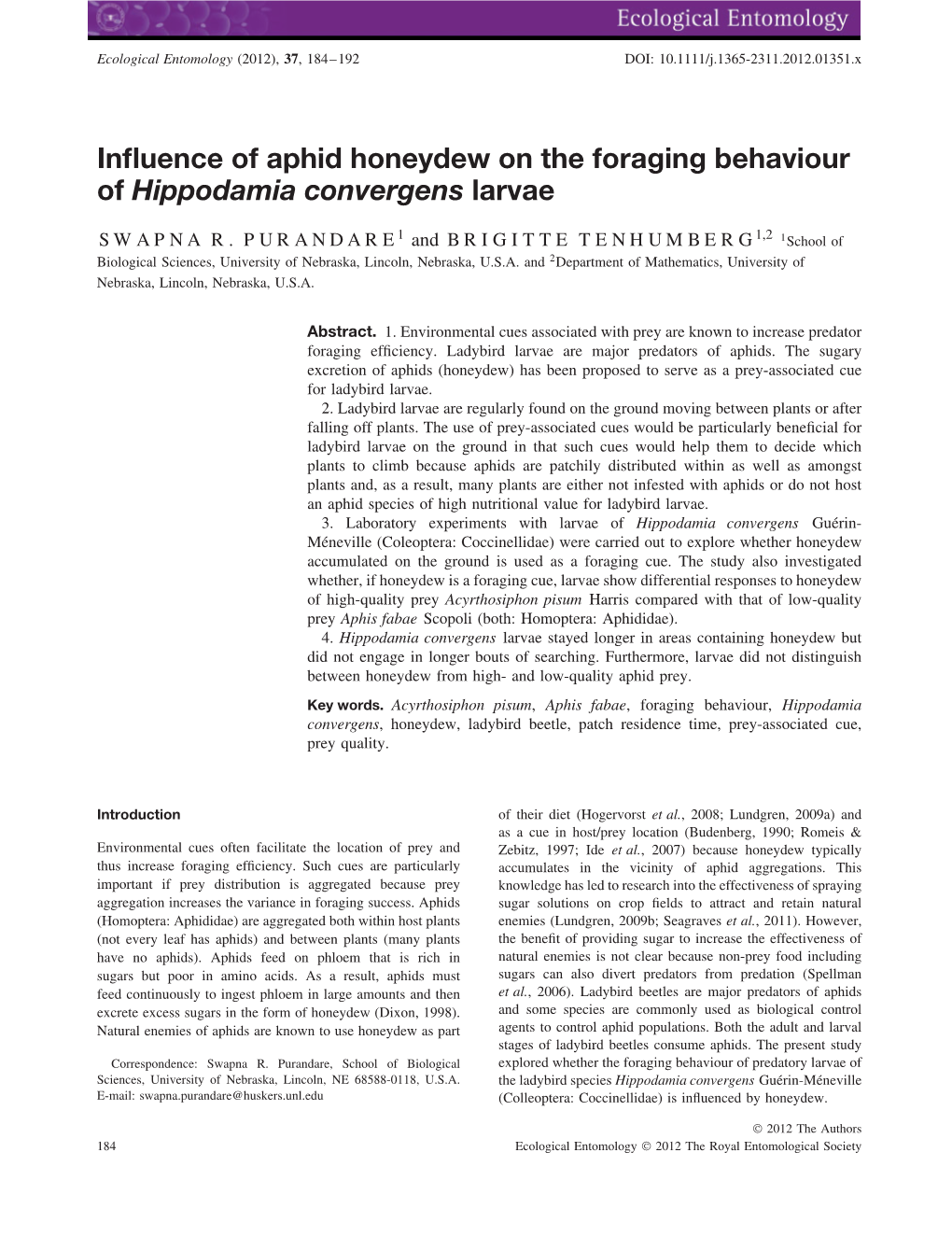 Influence of Aphid Honeydew on the Foraging Behaviour of Hippodamia