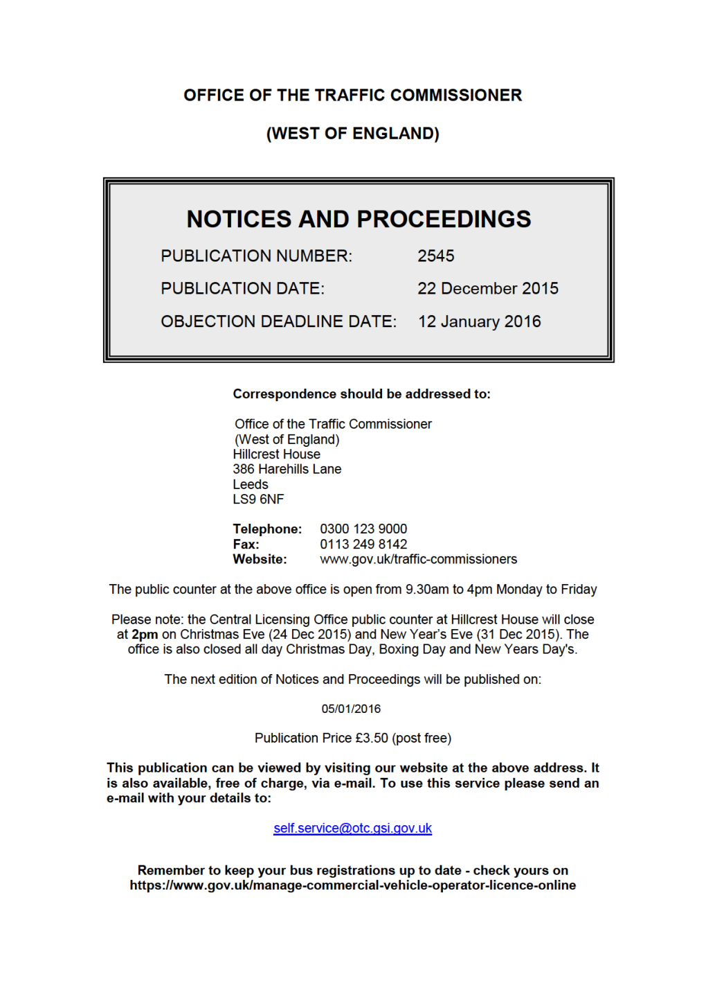 NOTICES and PROCEEDINGS 22 December 2015