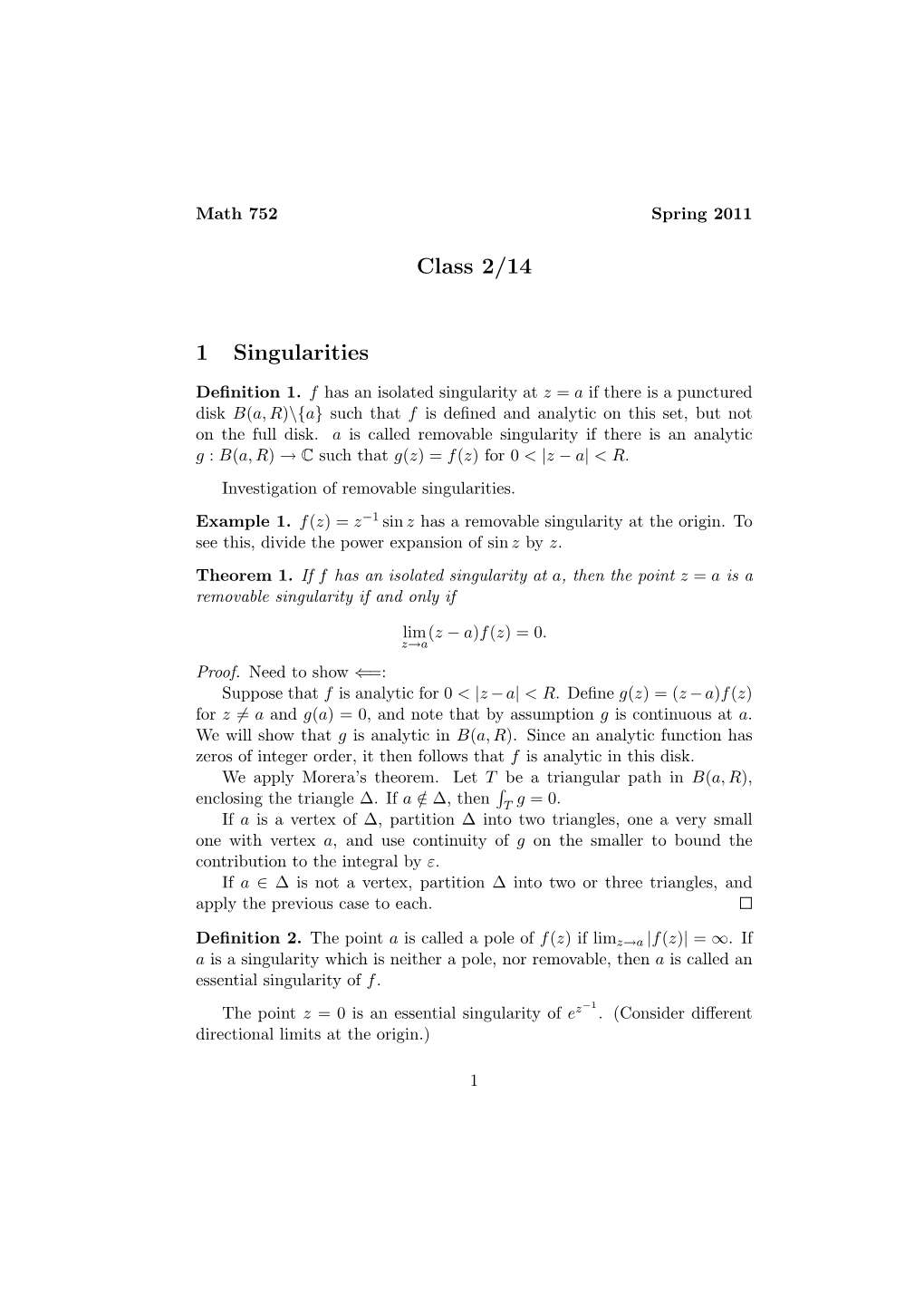 Class 2/14 1 Singularities