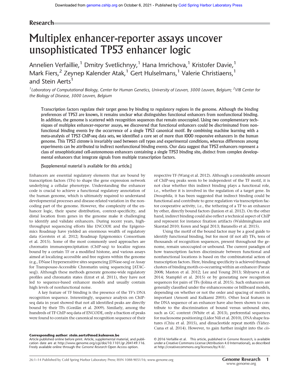 Multiplex Enhancer-Reporter Assays Uncover Unsophisticated TP53 Enhancer Logic