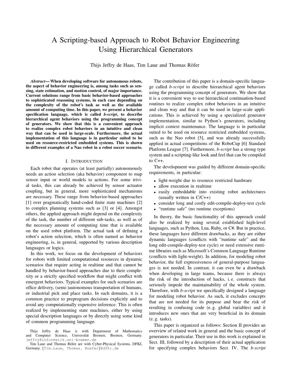 A Scripting-Based Approach to Robot Behavior Engineering Using Hierarchical Generators