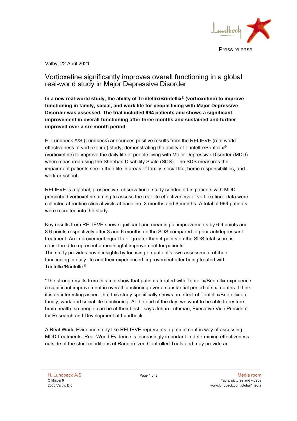 Vortioxetine Significantly Improves Overall Functioning in a Global Real-World Study in Major Depressive Disorder