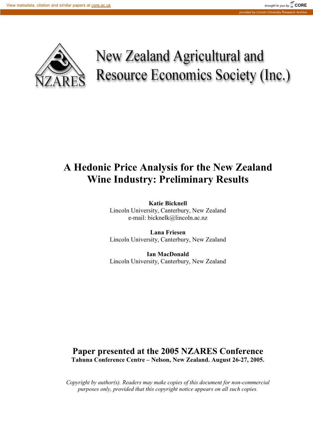 A Hedonic Price Analysis for the New Zealand Wine Industry: Preliminary Results