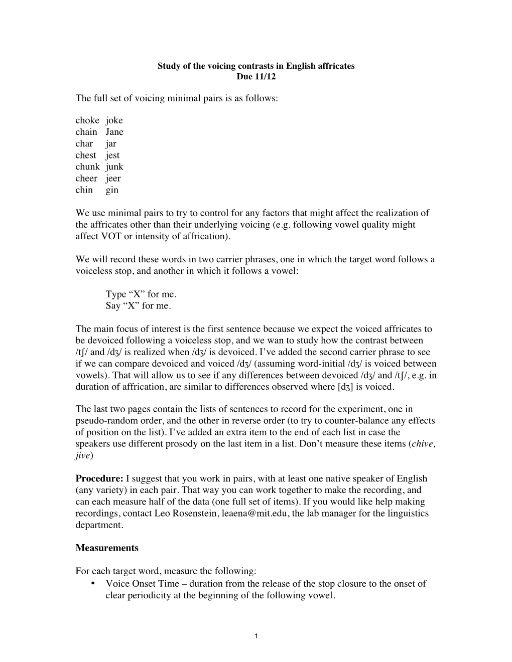 24.915 Linguistic Phonetics Affricate Voicing Experiment