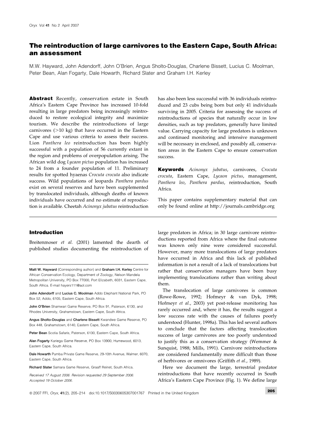 The Reintroduction of Large Carnivores to the Eastern Cape, South Africa: an Assessment