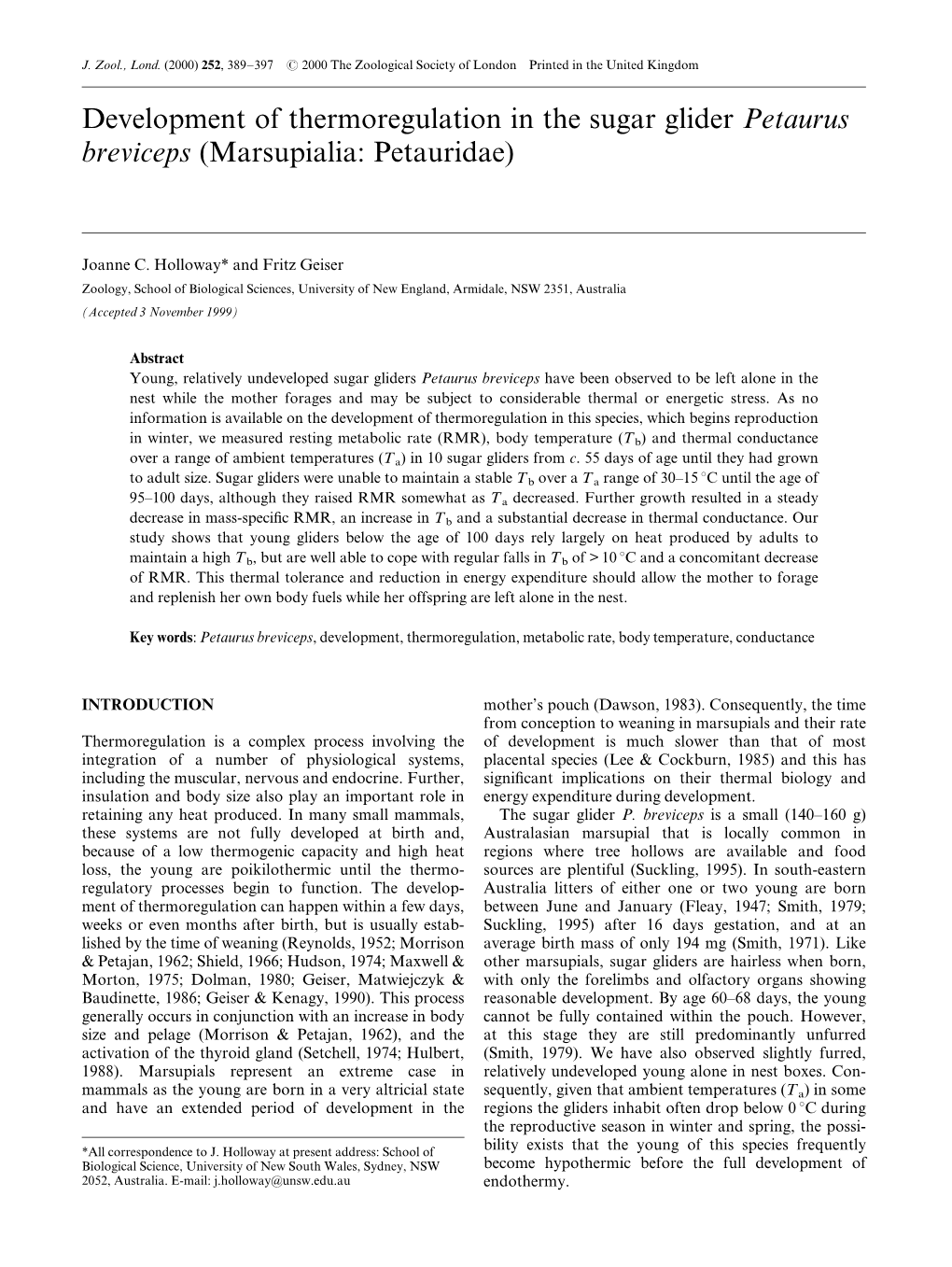 Development of Thermoregulation in the Sugar Glider Petaurus Breviceps (Marsupialia: Petauridae)