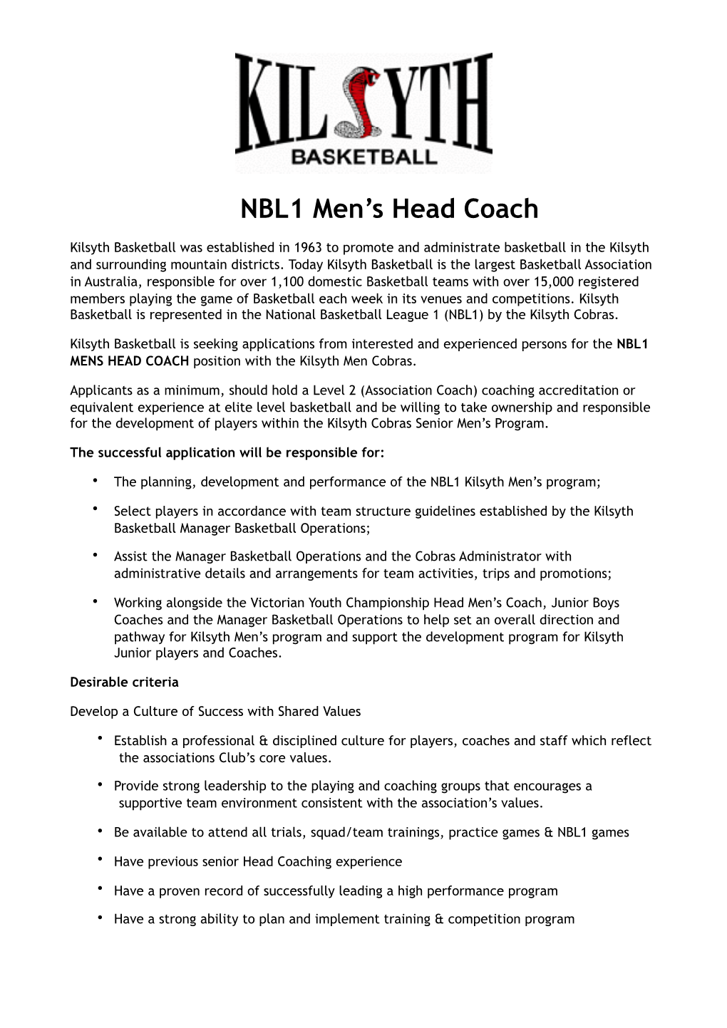 Advert for NBL1 Mens Head Coach 2020