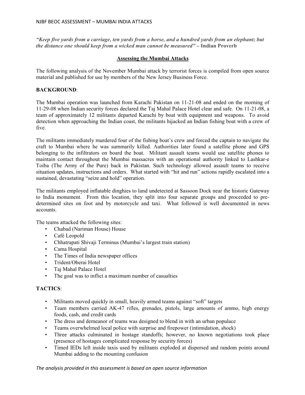 BEOC Assessment of Mumbai Attacks