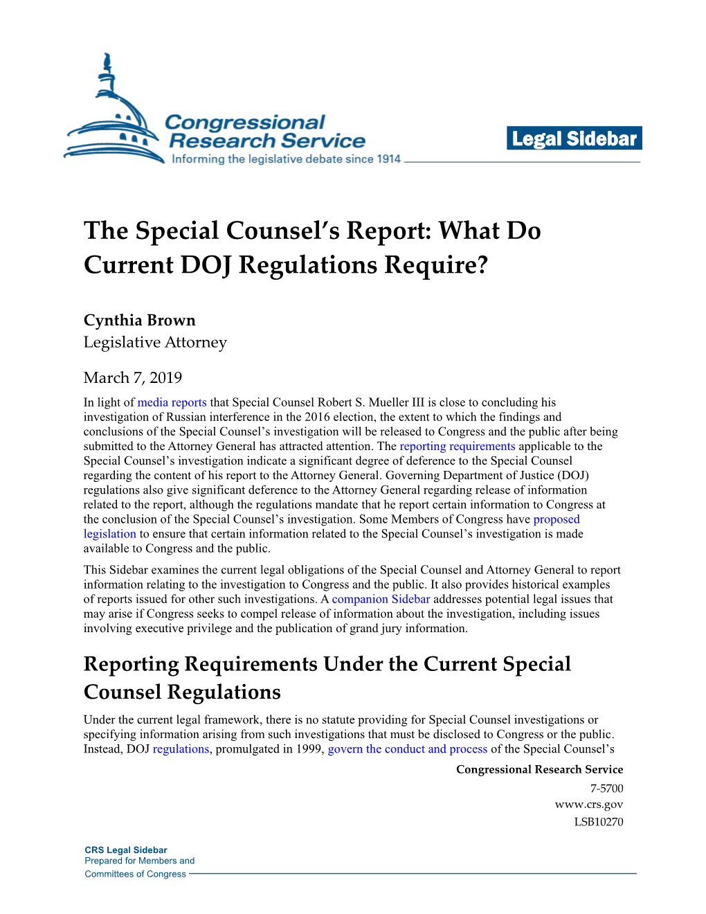 The Special Counsel's Report: What Do Current DOJ Regulations