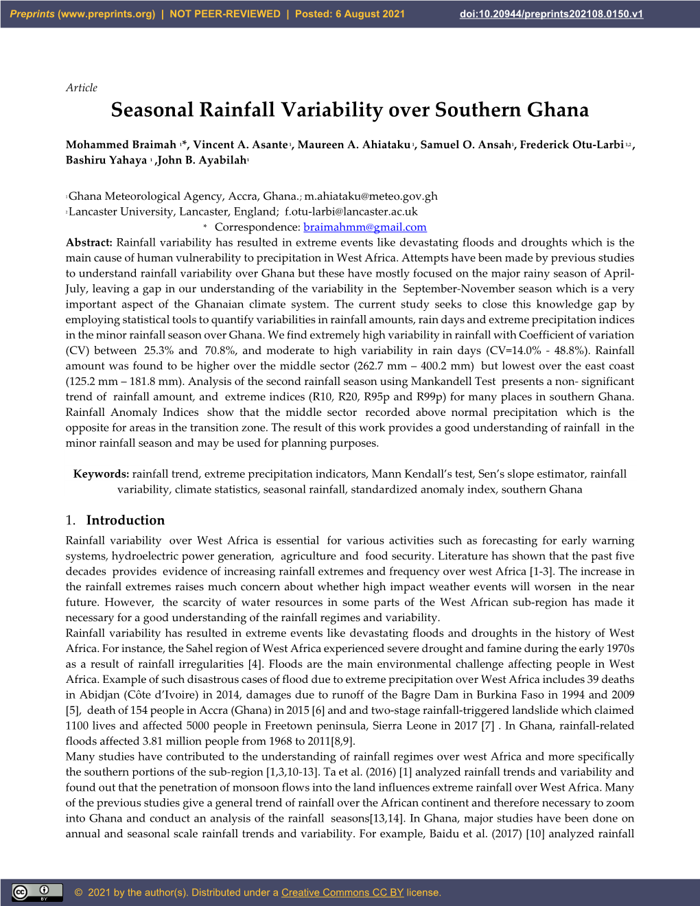 Minor Seanonal Rainfall Variability Over Southern Ghana