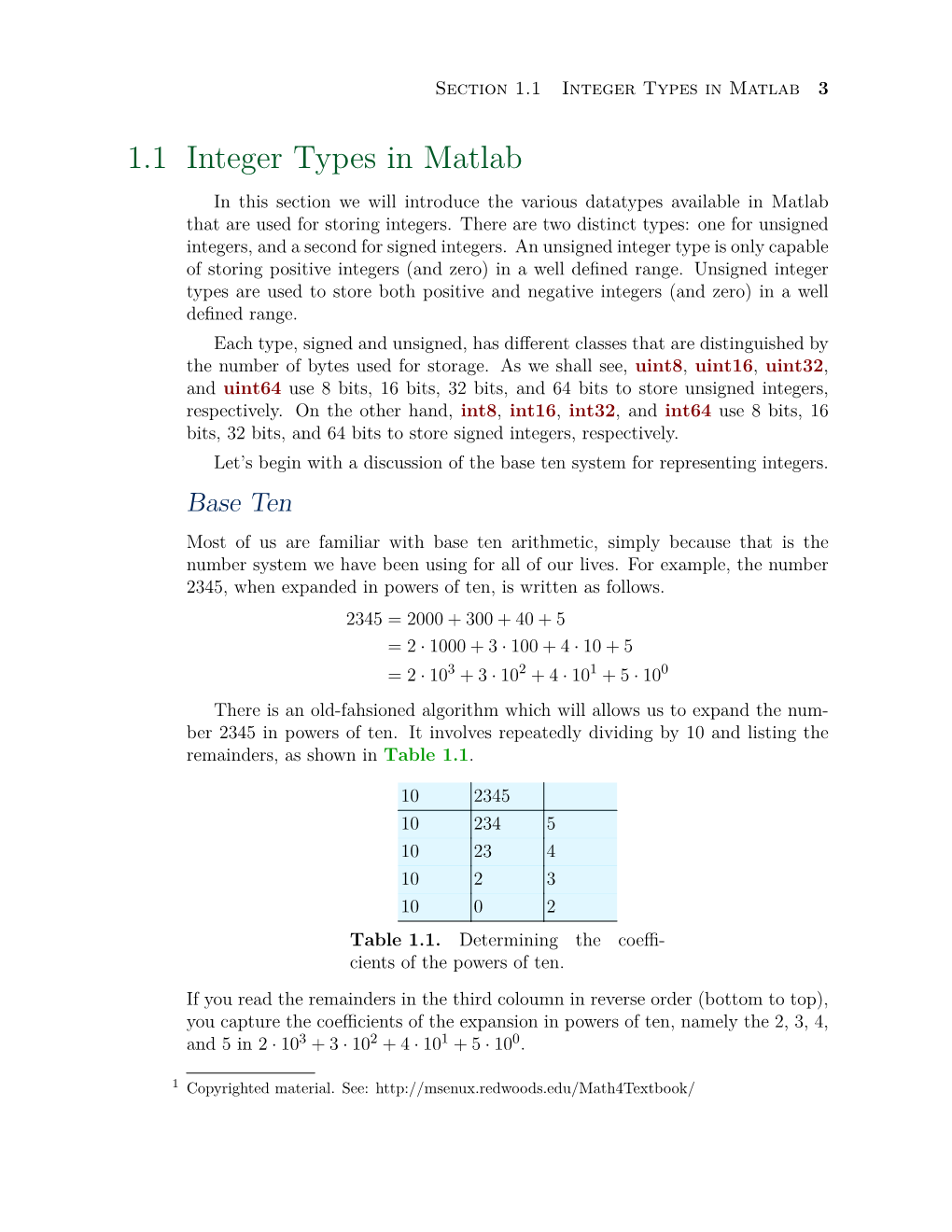 1.1 Integer Types in Matlab 3