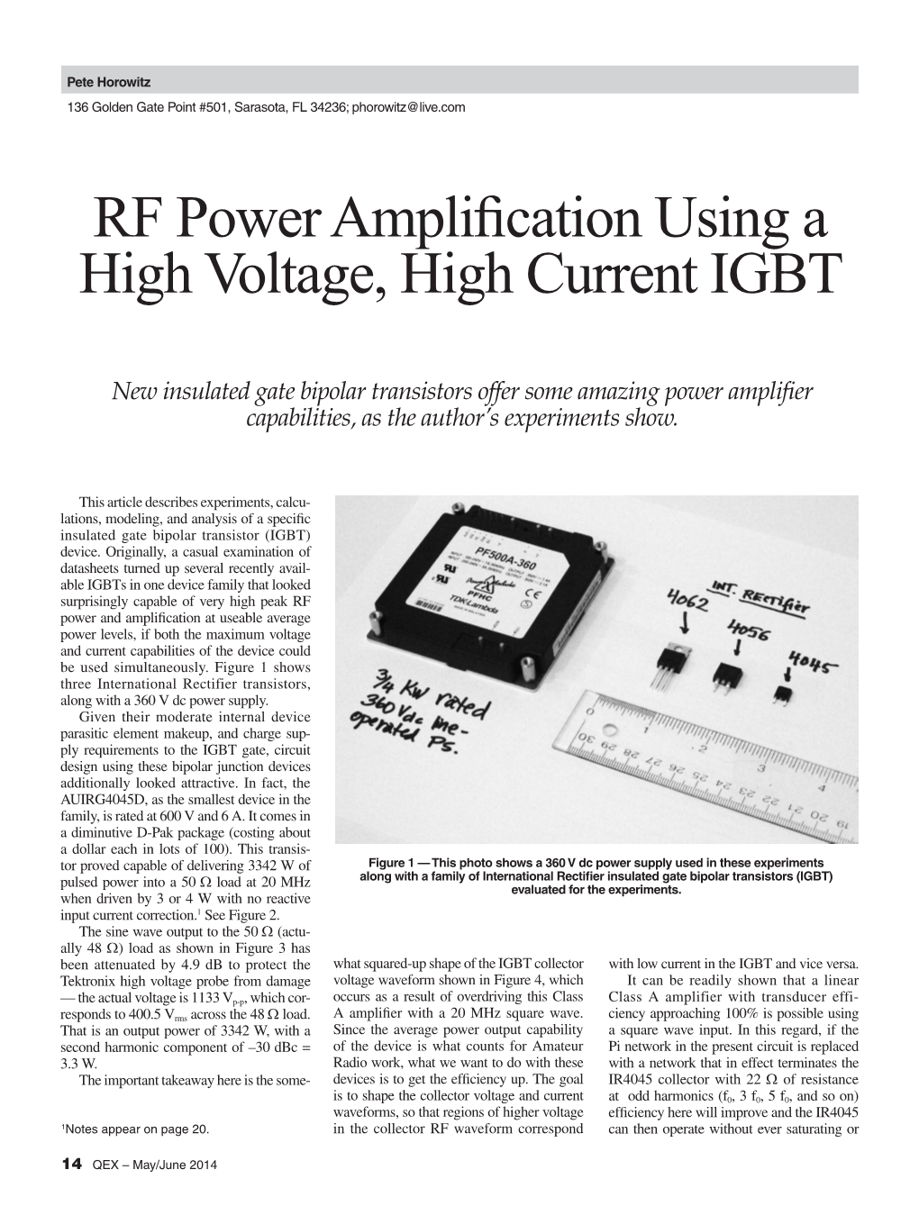 RF Power Amplification Using a High Voltage, High Current IGBT