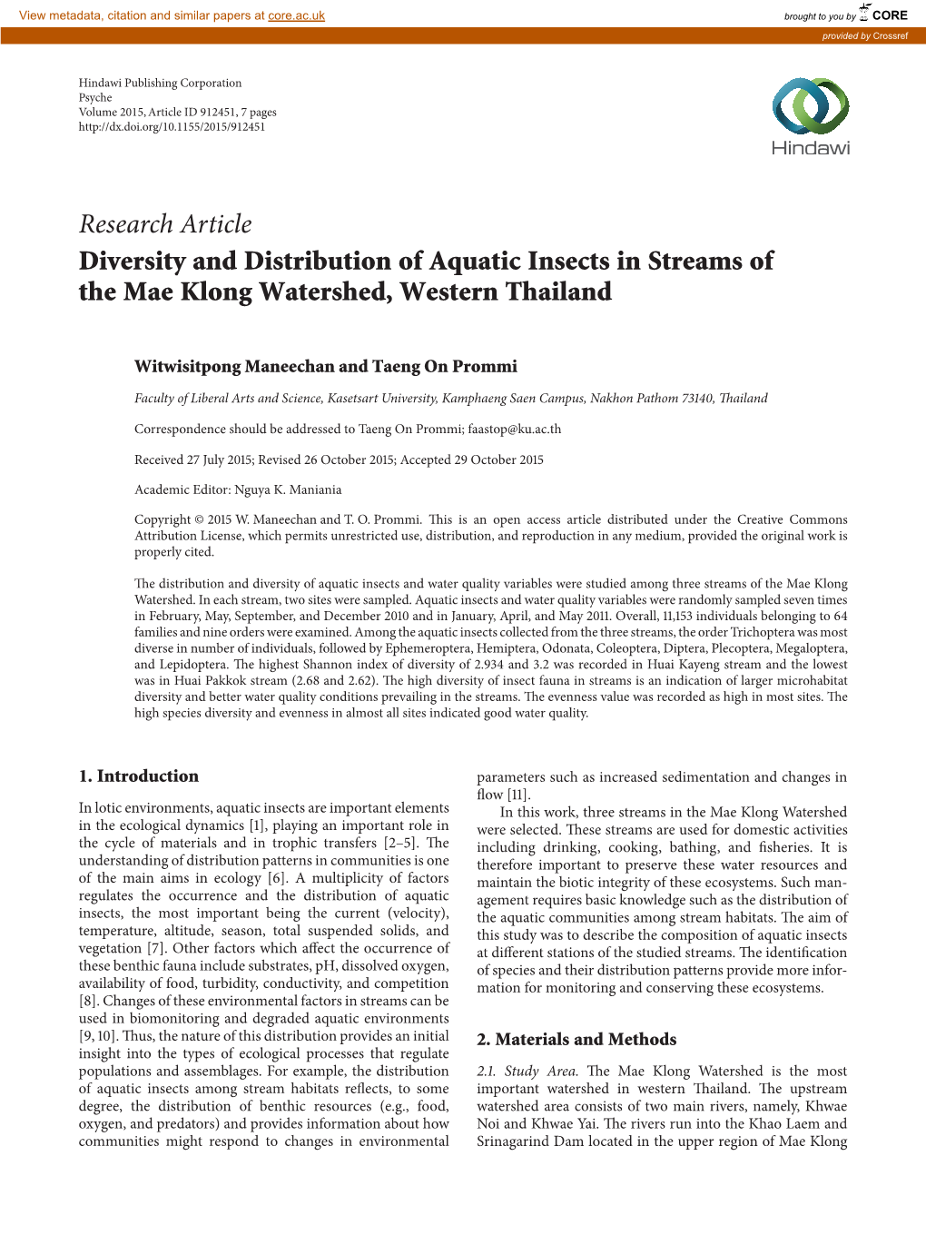 Research Article Diversity and Distribution of Aquatic Insects in Streams of the Mae Klong Watershed, Western Thailand