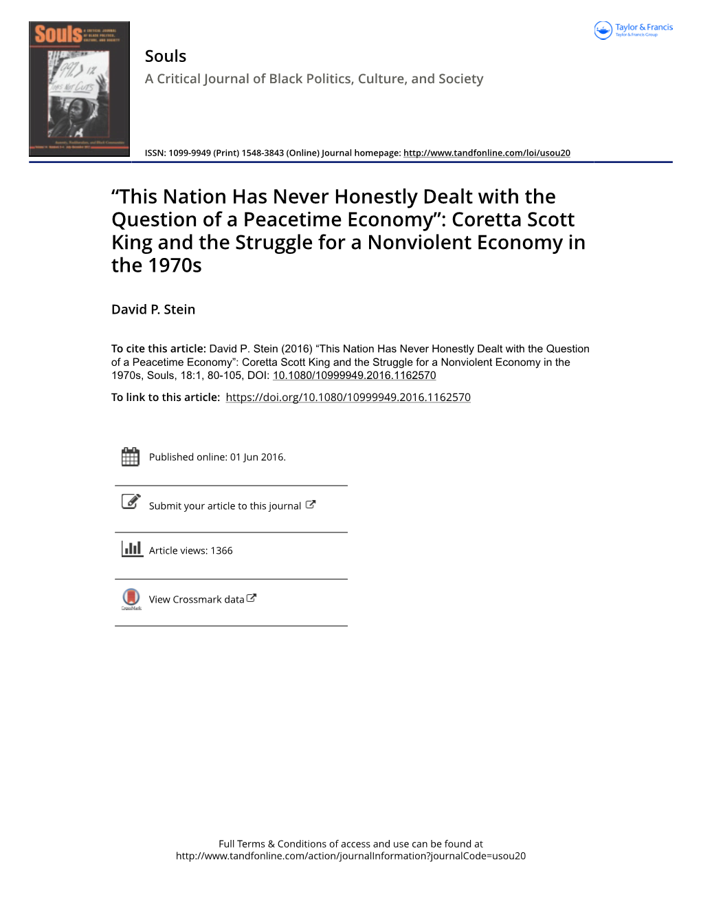 This Nation Has Never Honestly Dealt with the Question of a Peacetime Economy”: Coretta Scott King and the Struggle for a Nonviolent Economy in the 1970S