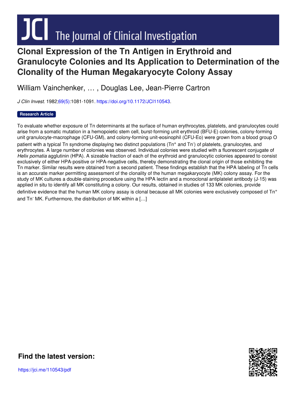 Clonal Expression of the Tn Antigen in Erythroid and Granulocyte Colonies and Its Application to Determination of the Clonality