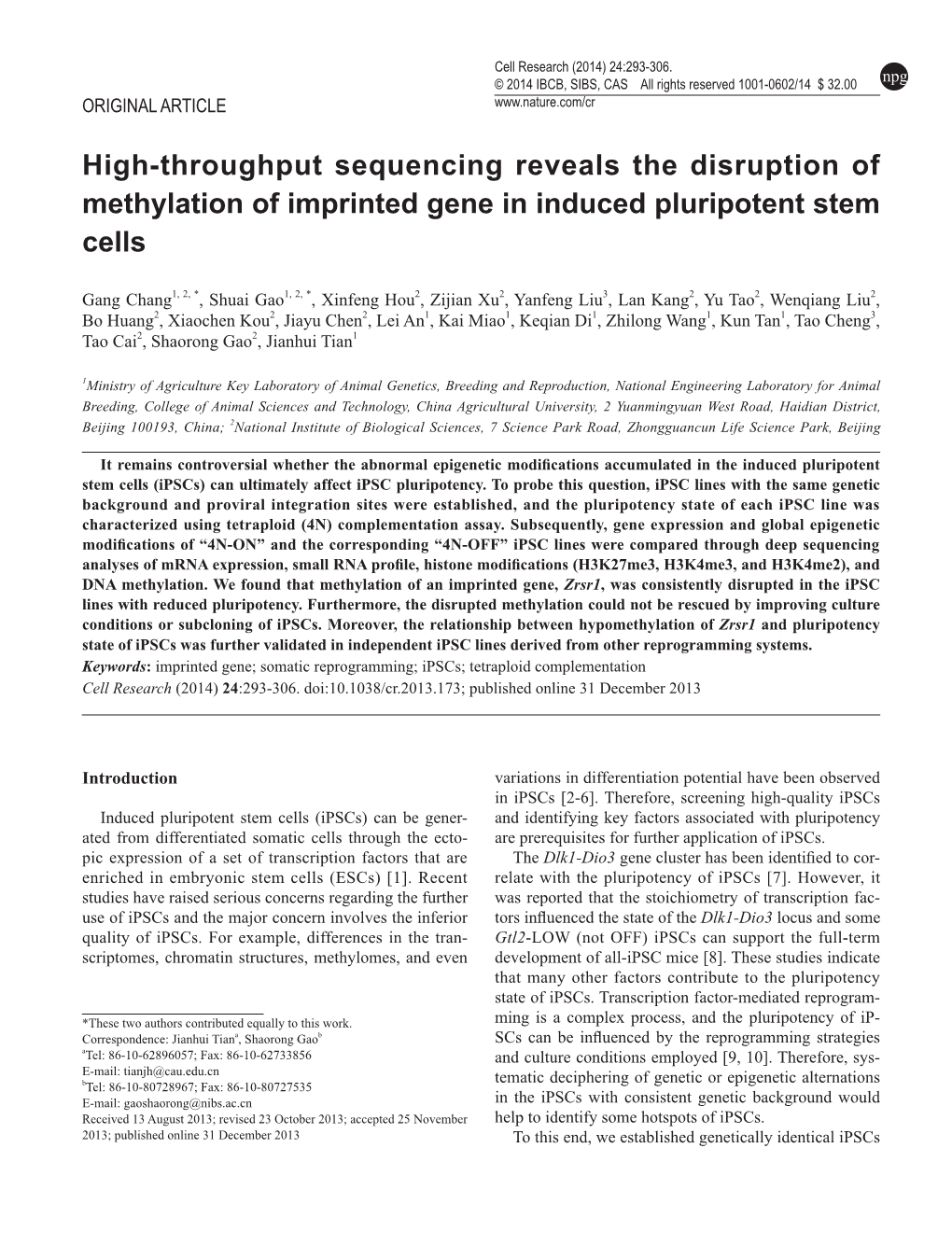 High-Throughput Sequencing Reveals the Disruption of Methylation Of