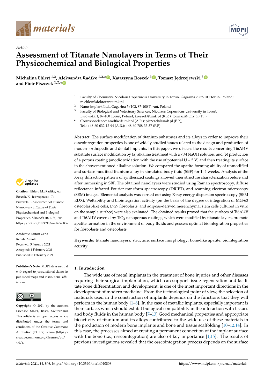 Assessment of Titanate Nanolayers in Terms of Their Physicochemical and Biological Properties