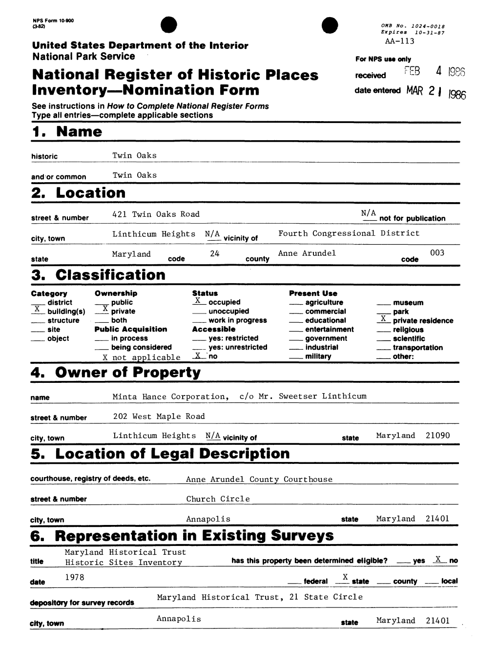 Classification Owner Off Property 6. Representation in Existing Surveys