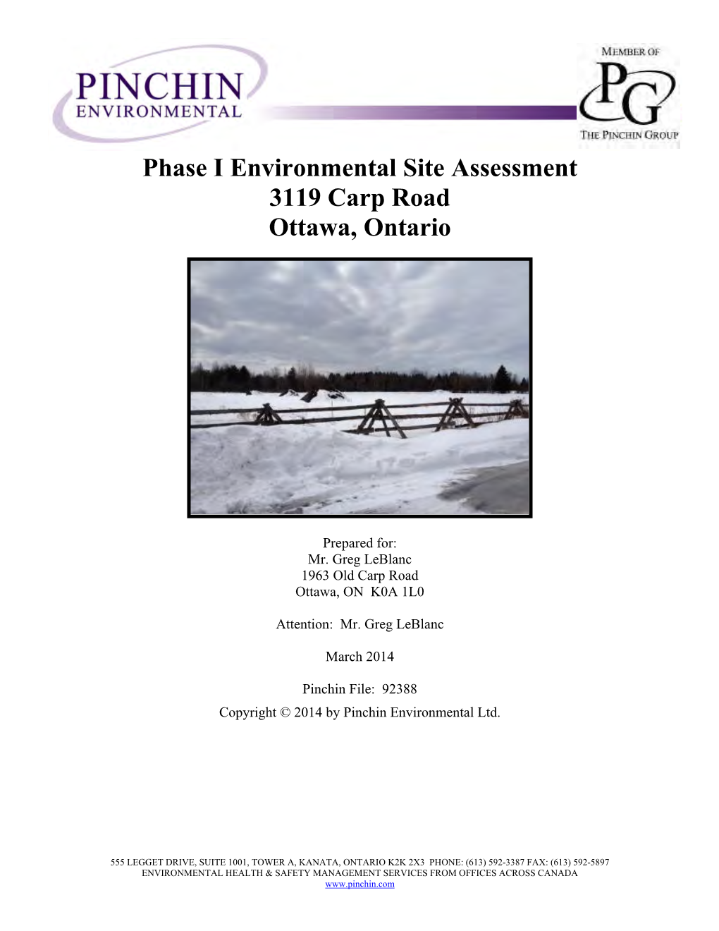 Phase I Environmental Site Assessment 3119 Carp Road Ottawa, Ontario