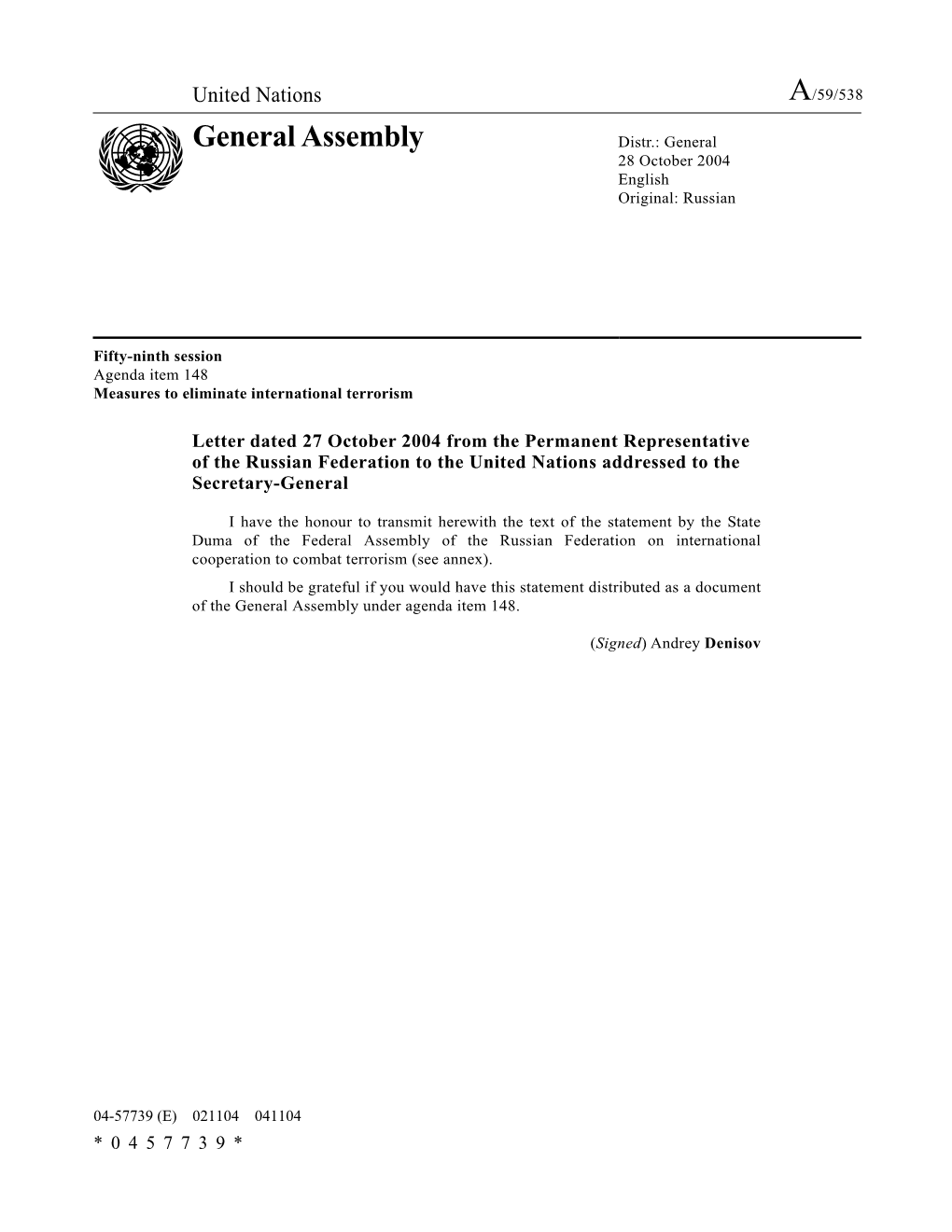 General Assembly Distr.: General 28 October 2004 English Original: Russian