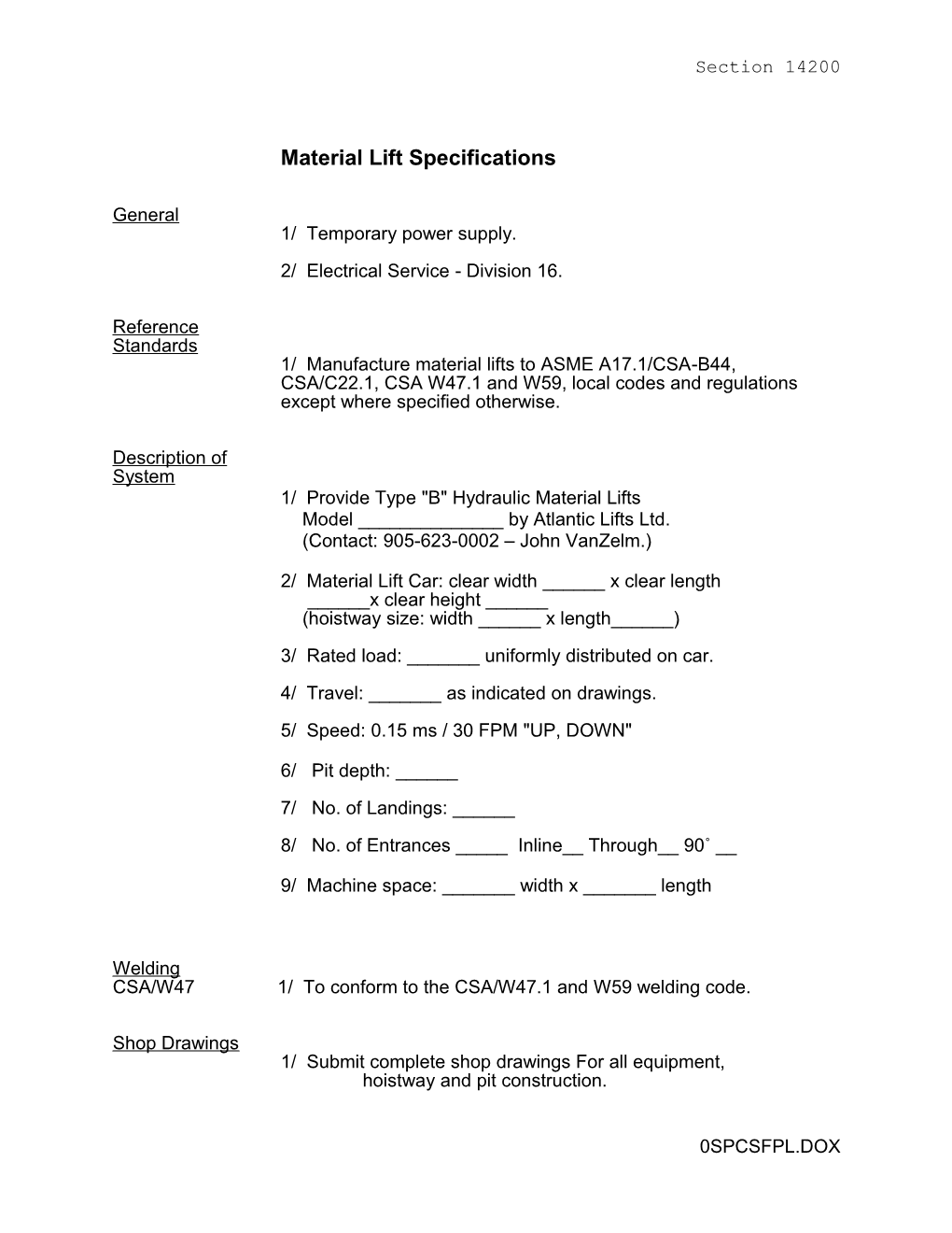 Material Lift Specifications