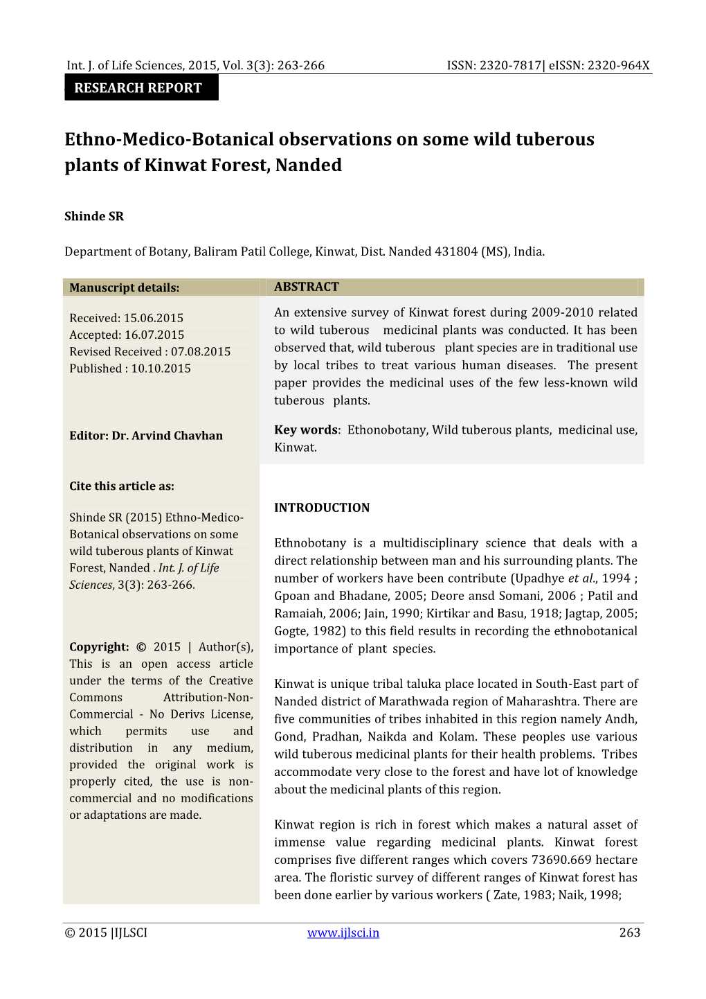 Ethno-Medico-Botanical Observations on Some Wild Tuberous Plants of Kinwat Forest, Nanded
