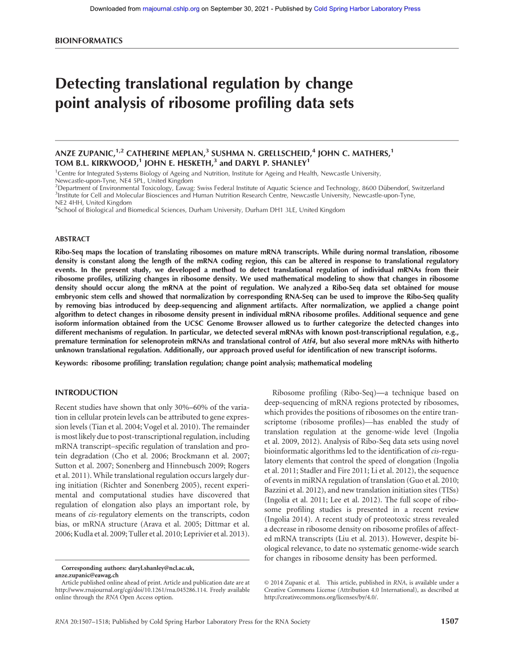Detecting Translational Regulation by Change Point Analysis of Ribosome Profiling Data Sets