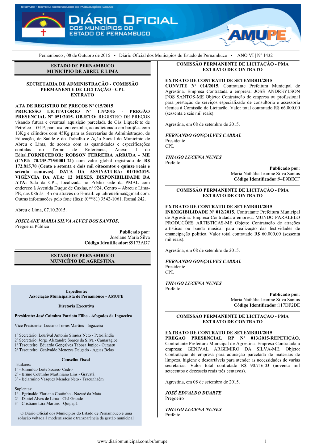 Pernambuco , 08 De Outubro De 2015 • Diário Oficial Dos Municípios Do Estado De Pernambuco • ANO VI | Nº 1432