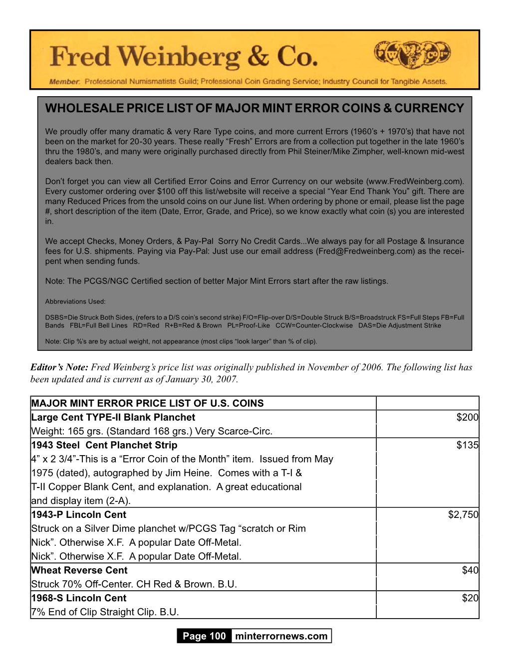 Wholesale Price List of Major Mint Error Coins & Currency