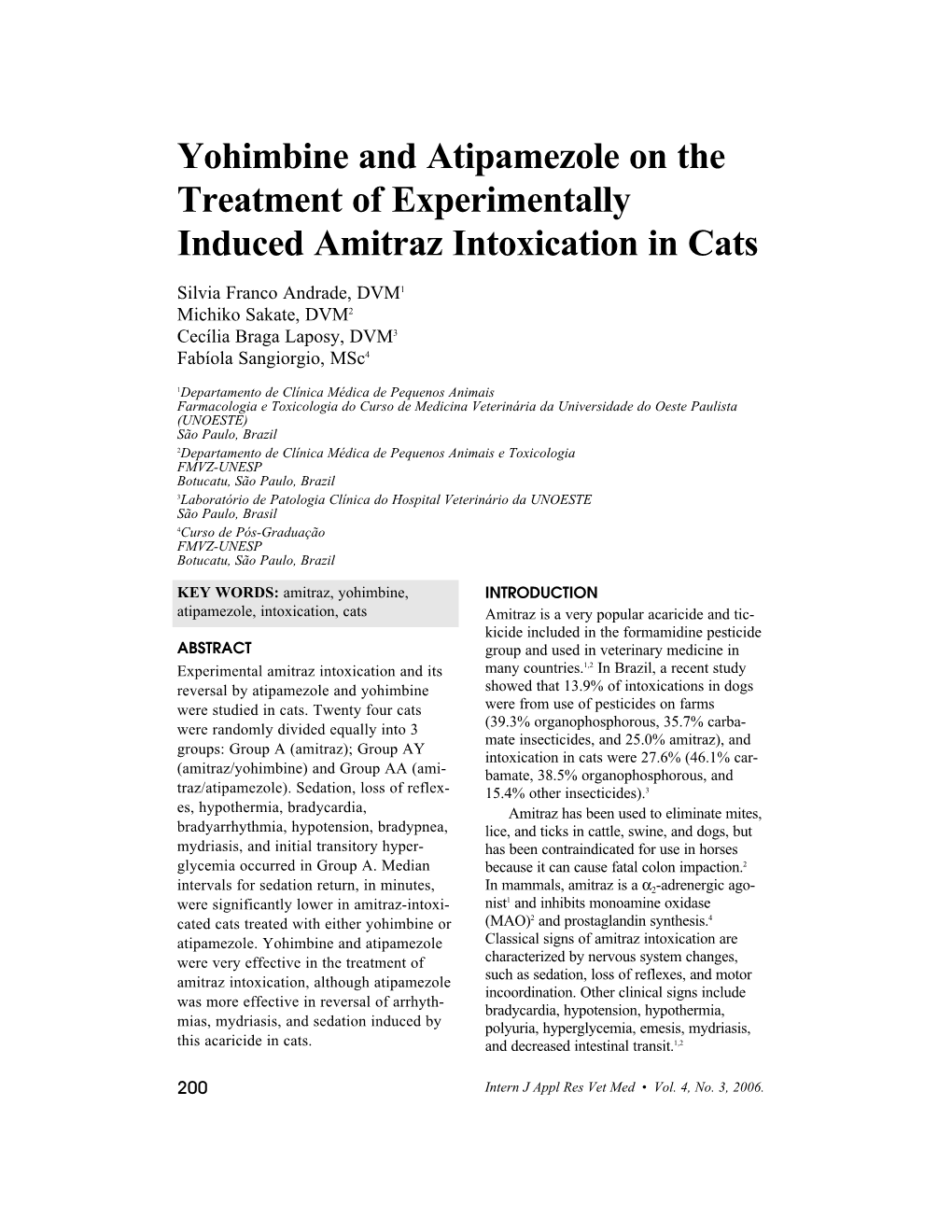 Yohimbine and Atipamezole on the Treatment of Experimentally Induced Amitraz Intoxication in Cats