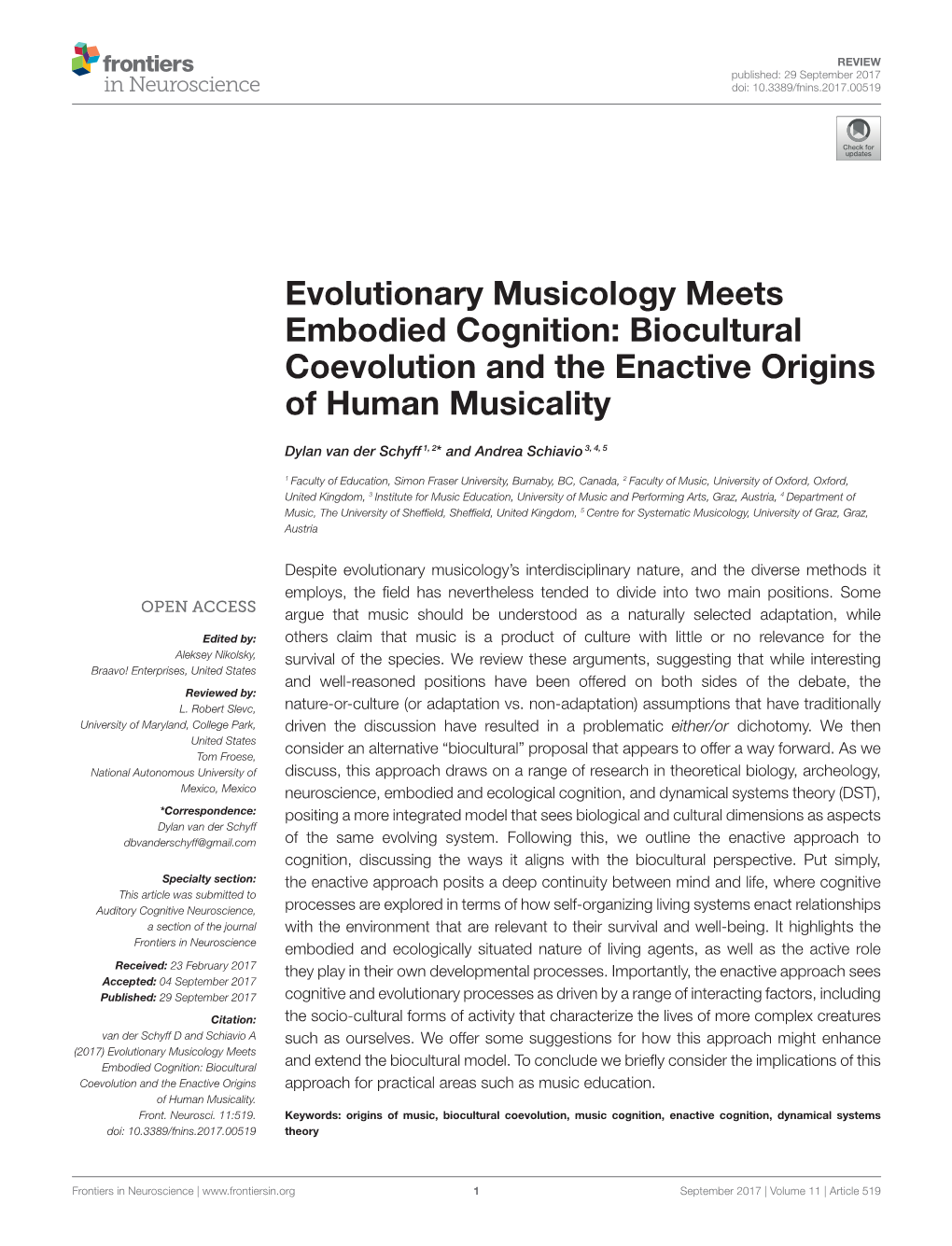 Evolutionary Musicology Meets Embodied Cognition: Biocultural Coevolution and the Enactive Origins of Human Musicality