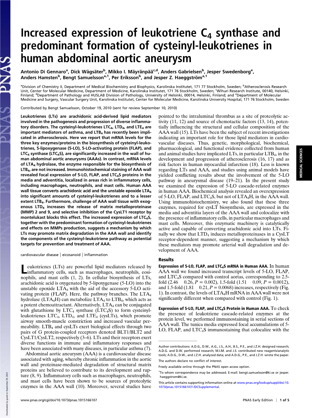 Increased Expression of Leukotriene C4 Synthase and Predominant Formation of Cysteinyl-Leukotrienes in Human Abdominal Aortic Aneurysm