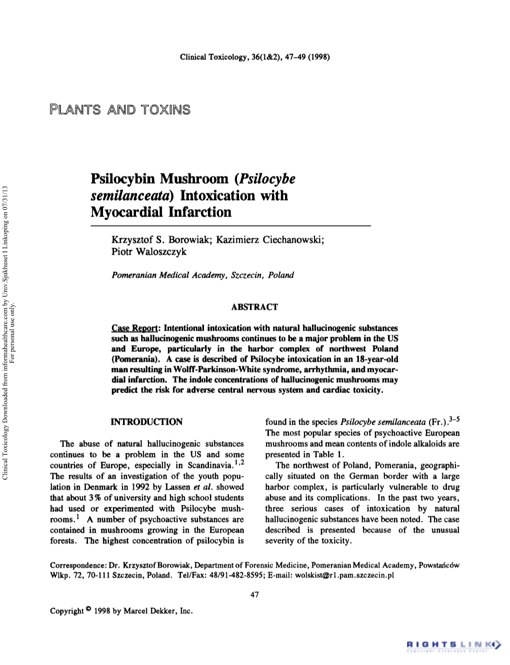 Psilocybin Mushroom (Psilocybe Semilanceata) Intoxication with Myocardial Infarction