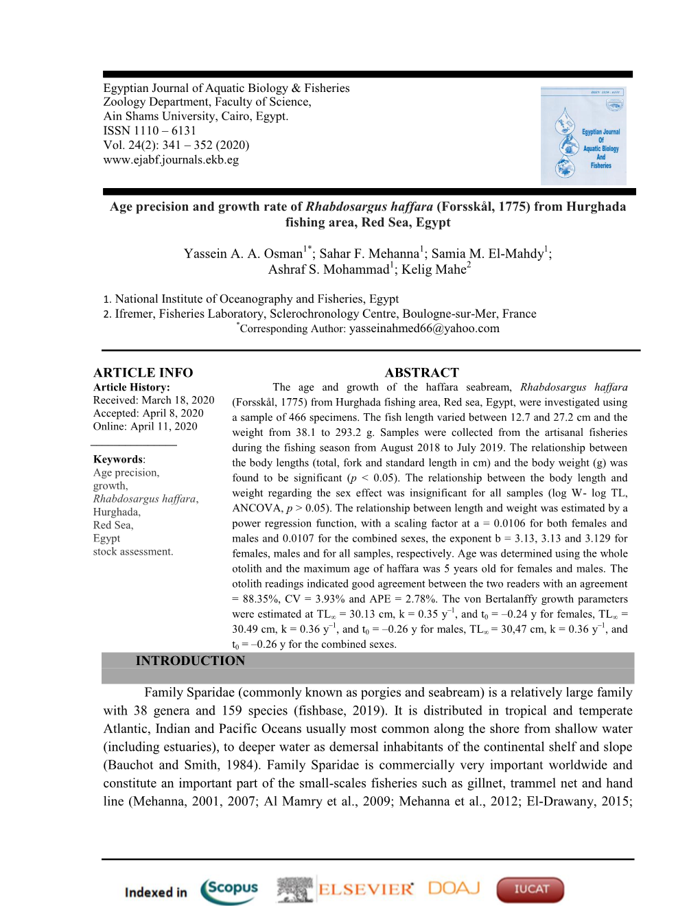 Age Precision and Growth Rate of Rhabdosargus Haffara (Forsskål, 1775) from Hurghada Fishing Area, Red Sea, Egypt