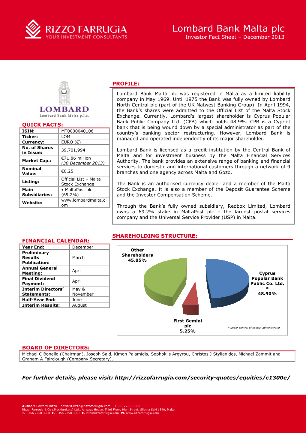 Lombard Bank Malta Plc Investor Fact Sheet – December 2013