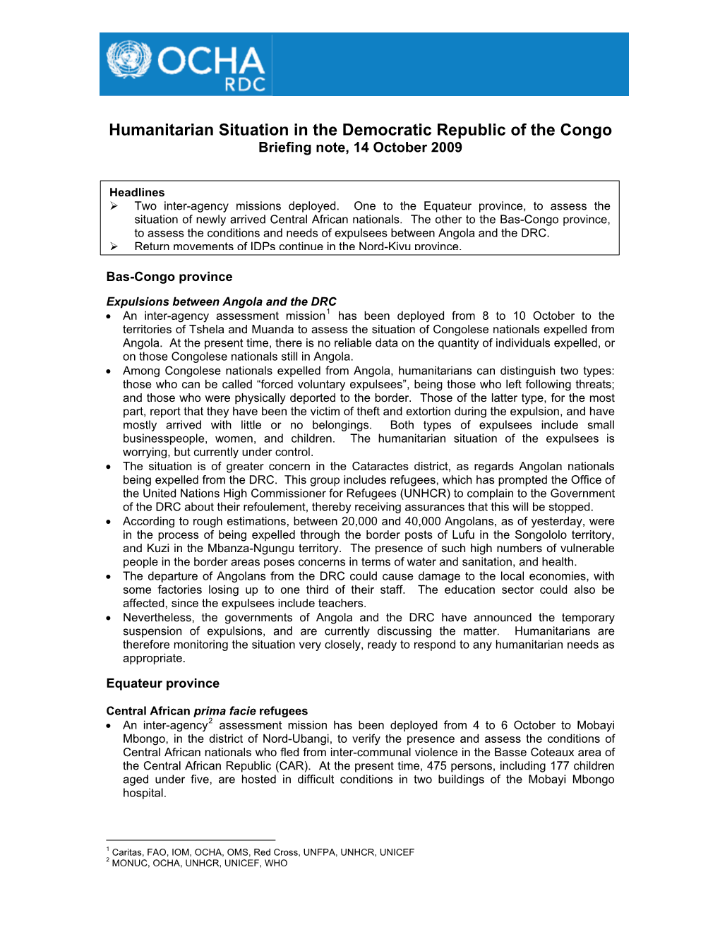 Humanitarian Situation in the Democratic Republic of the Congo Briefing Note, 14 October 2009
