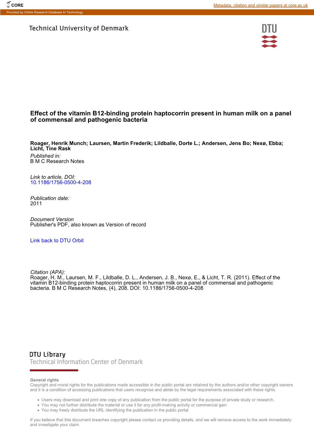 Effect of the Vitamin B12-Binding Protein Haptocorrin Present in Human Milk on a Panel of Commensal and Pathogenic Bacteria