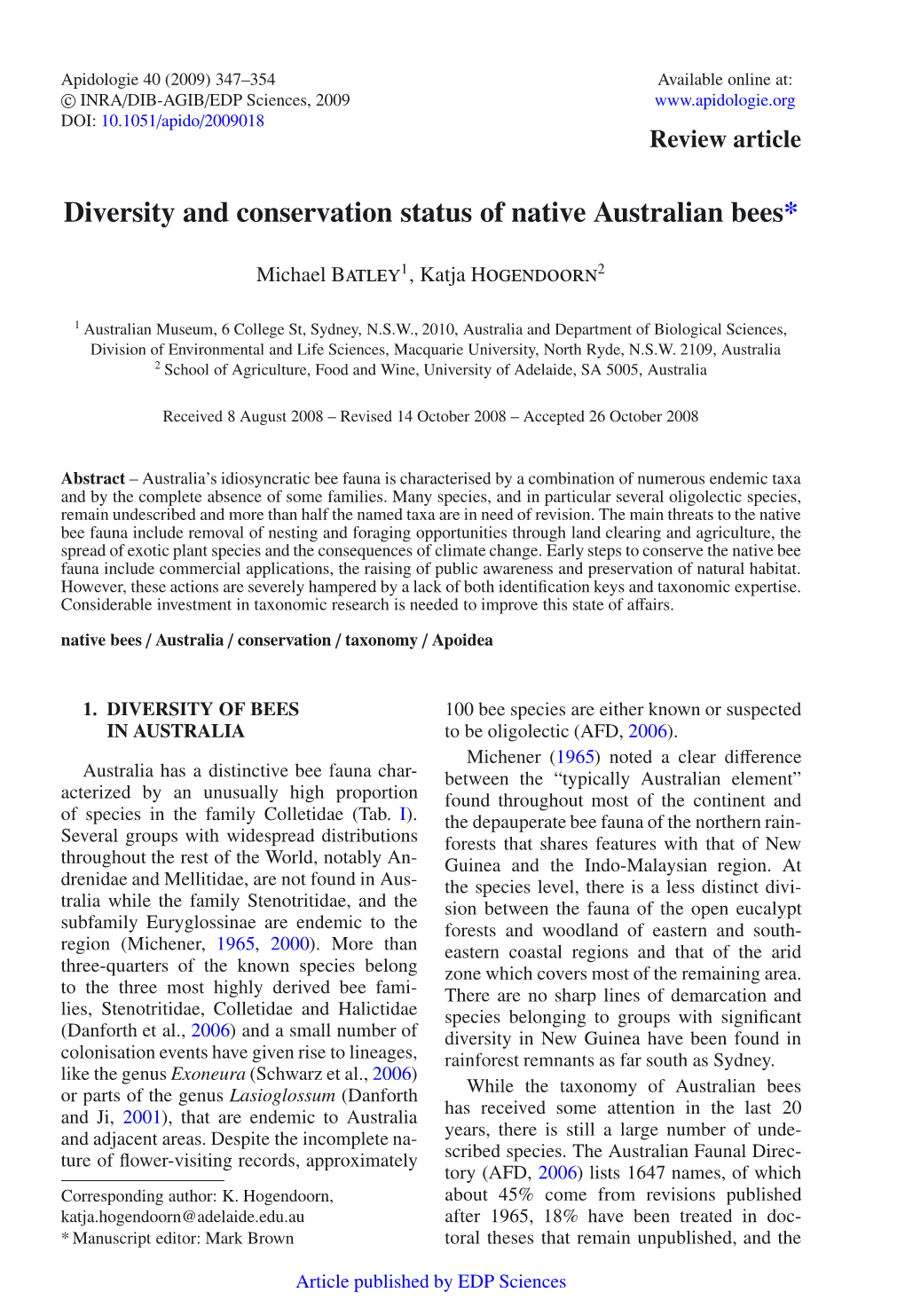 Diversity and Conservation Status of Native Australian Bees*
